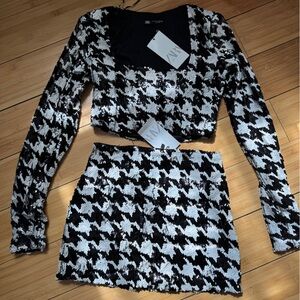 Zara Black and White Sequin Houndstooth Two-Piece Set